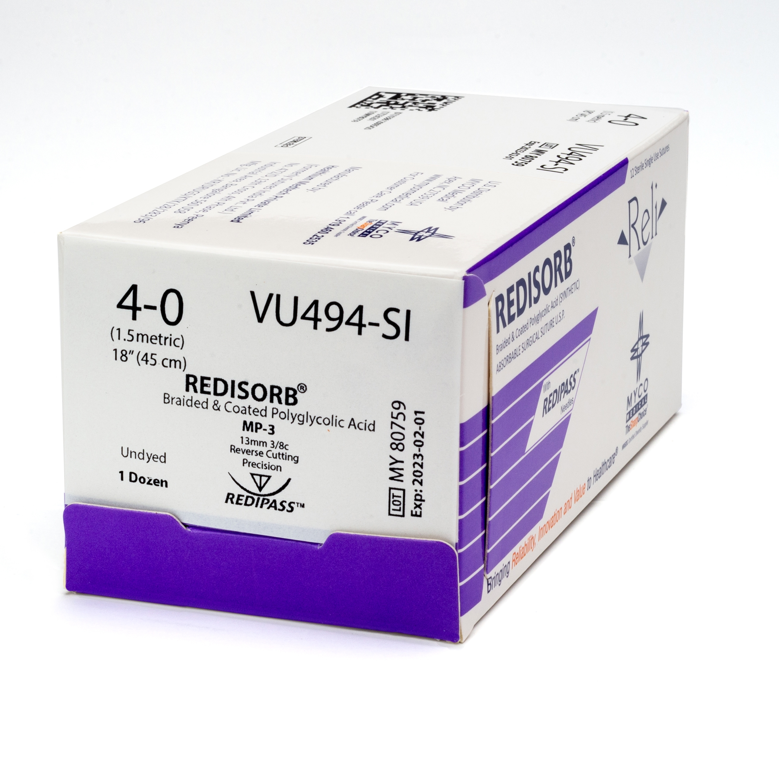 Suture with Needle Reli® Redisorb™ Absorbable Undyed Braided Polyglycolic Acid Suture Size 4 - 0 18 Inch Suture 1-Needle 13 mm Length 3/8 Circle Reverse Cutting Needle with Precision Point by Myco Medical  ID VU494-M